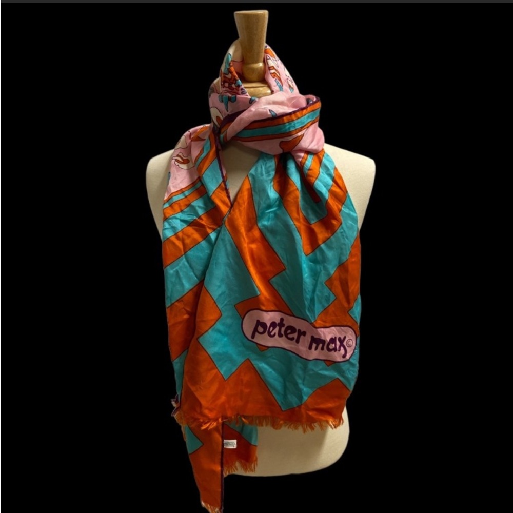 Peter Max Vintage Psychedelic Pop Art Scarf Long Rectangle Orange Pink Rare!‎